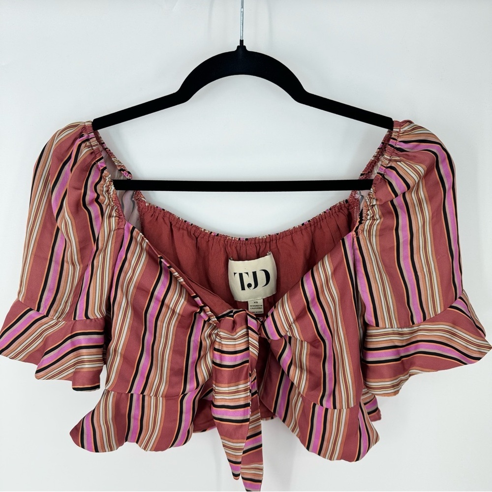 TJD Striped Cropped Flutter Sleeve Ruffle 90s Blouse